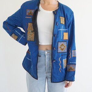 Vintage Allure Blue Textured Patchwork Quilted Cotton Artwear Boho Jacket M